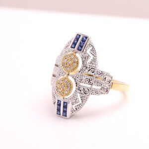 Vintage Art deco Ring Natural Blue Sapphire and Diamonds 18k and silver